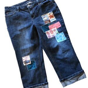 Patchwork Capris: Upcycled Cropped Jeans, Handmade Ocean Beach Patches, Size 10P